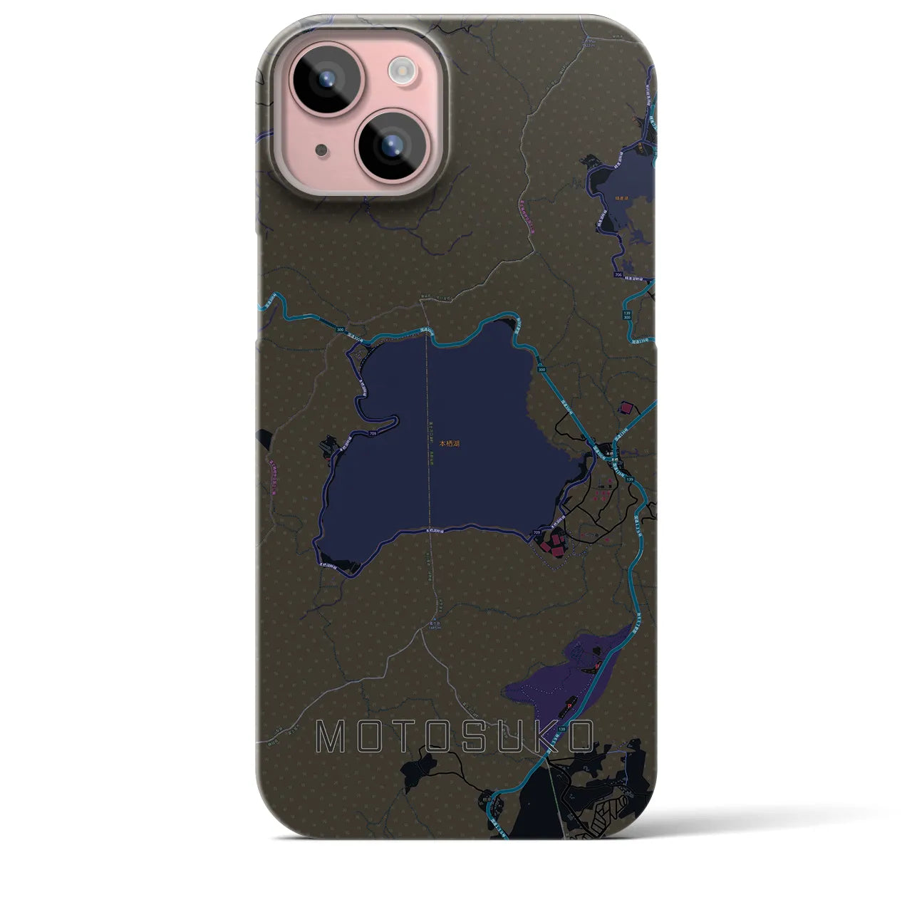 【本栖湖】地図柄iPhoneケース（バックカバータイプ・ブラック）iPhone 15 Plus 用