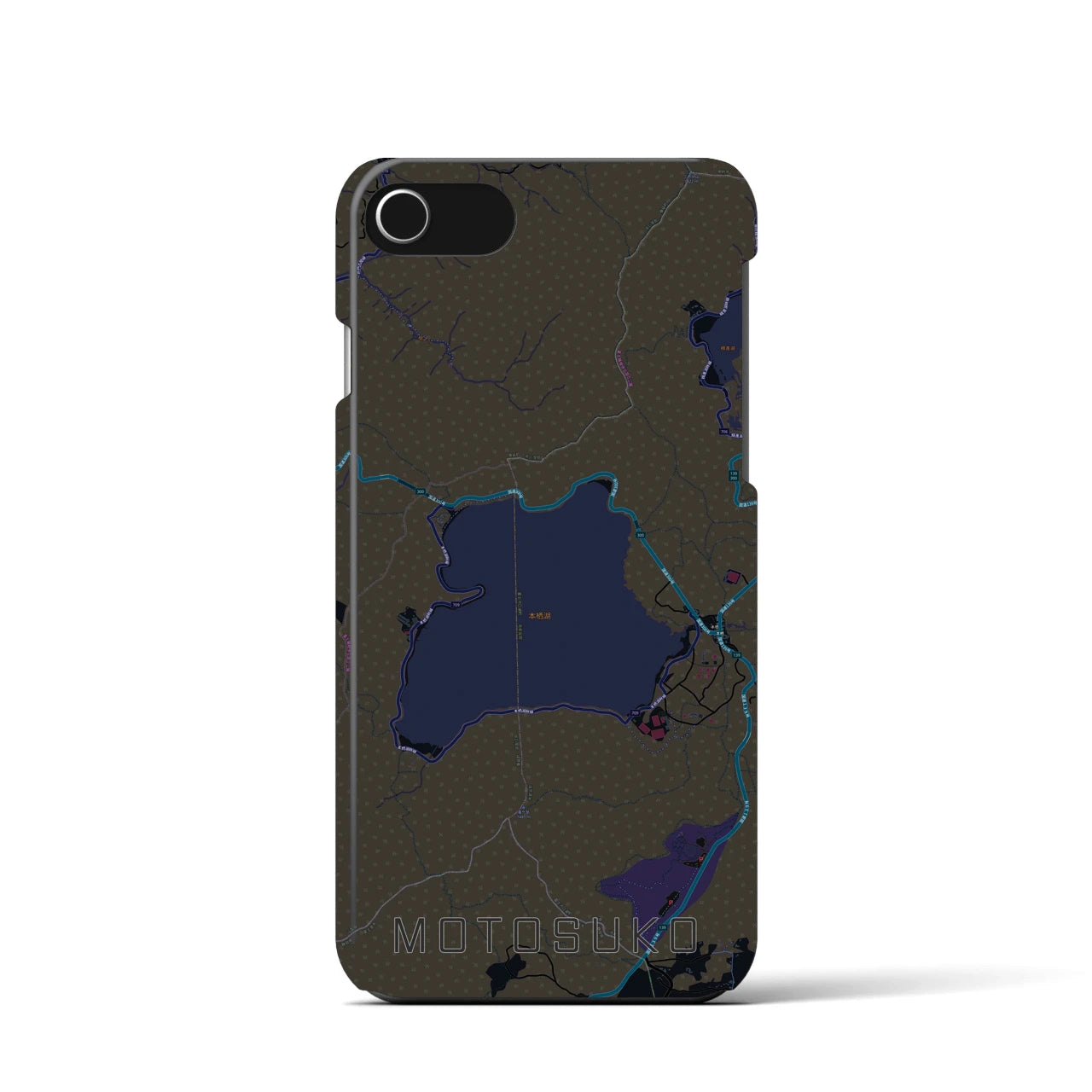 【本栖湖】地図柄iPhoneケース（バックカバータイプ・ブラック）iPhone SE（第3 / 第2世代） / 8 / 7 / 6s / 6 用