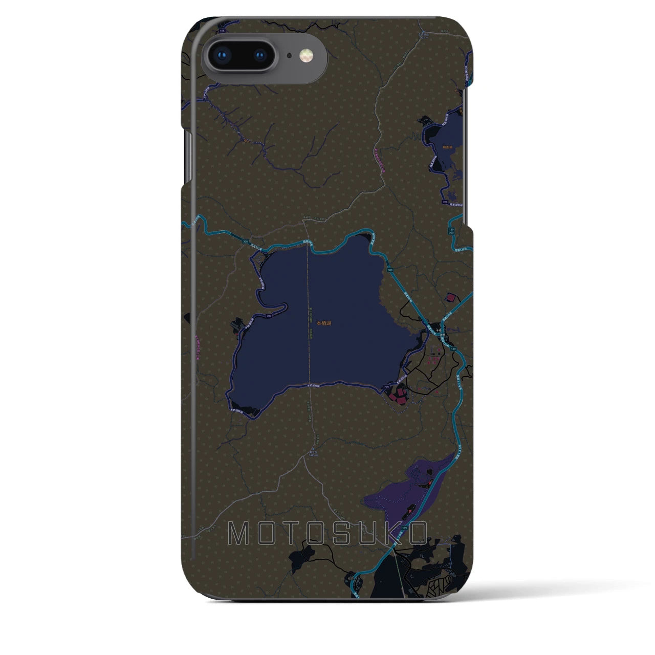 【本栖湖】地図柄iPhoneケース（バックカバータイプ・ブラック）iPhone 8Plus /7Plus / 6sPlus / 6Plus 用