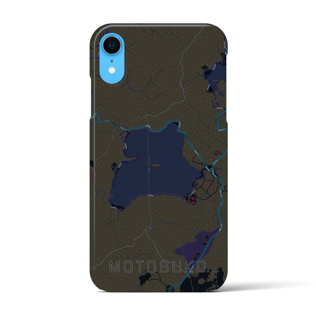 【本栖湖】地図柄iPhoneケース（バックカバータイプ・ブラック）iPhone XR 用