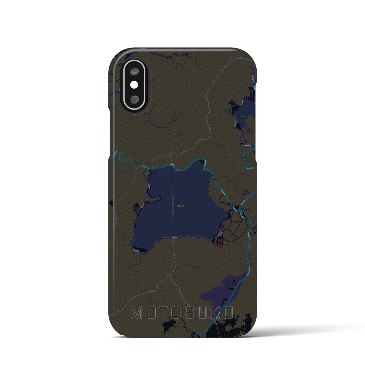 【本栖湖】地図柄iPhoneケース（バックカバータイプ・ブラック）iPhone XS / X 用