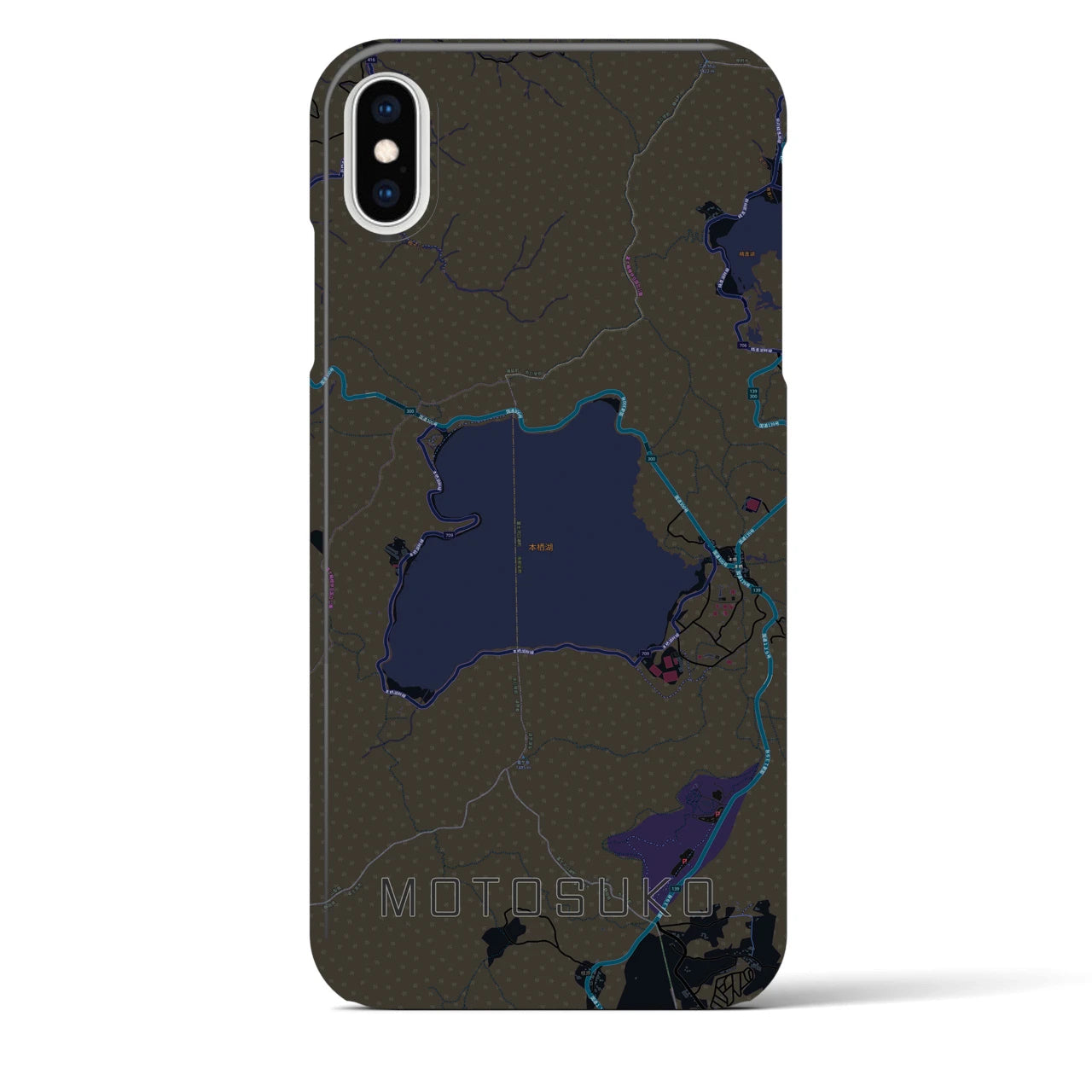 【本栖湖】地図柄iPhoneケース（バックカバータイプ・ブラック）iPhone XS Max 用