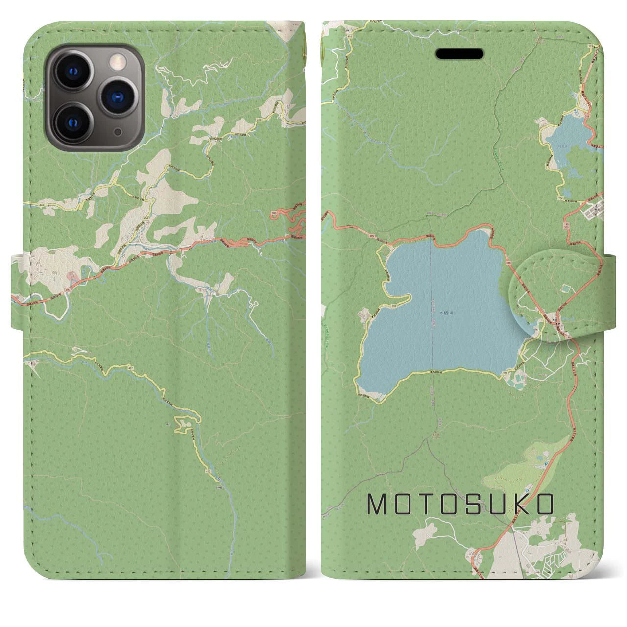 【本栖湖】地図柄iPhoneケース（手帳両面タイプ・ナチュラル）iPhone 11 Pro Max 用