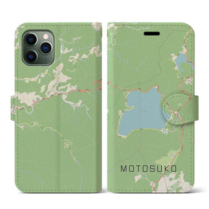 【本栖湖（山梨県）】地図柄iPhoneケース（手帳タイプ）ナチュラル・iPhone 11 Pro 用