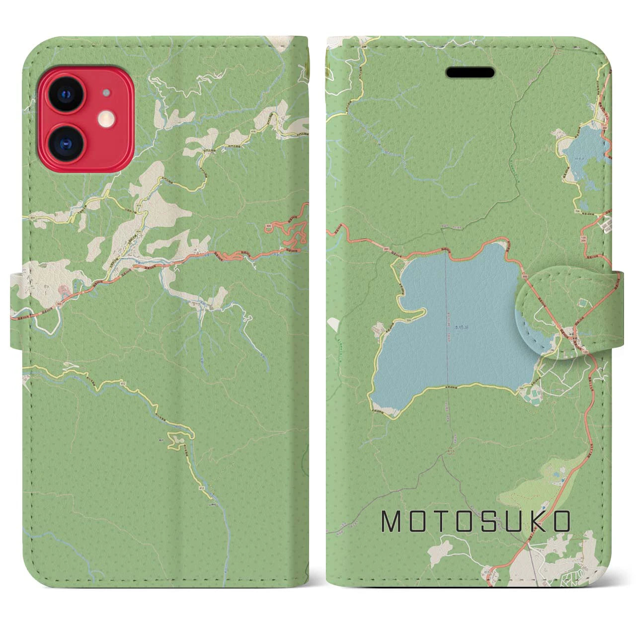 【本栖湖】地図柄iPhoneケース（手帳両面タイプ・ナチュラル）iPhone 11 用