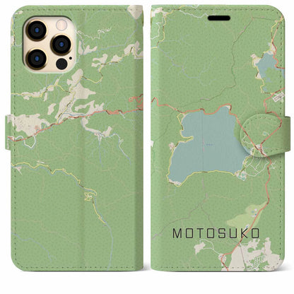 【本栖湖（山梨県）】地図柄iPhoneケース（手帳タイプ）ナチュラル・iPhone 12 Pro Max 用