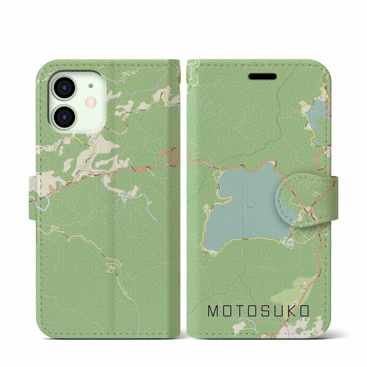 【本栖湖】地図柄iPhoneケース（手帳両面タイプ・ナチュラル）iPhone 12 mini 用