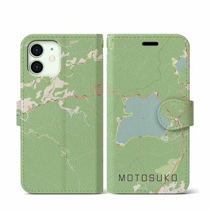 【本栖湖（山梨県）】地図柄iPhoneケース（手帳タイプ）ナチュラル・iPhone 12 mini 用