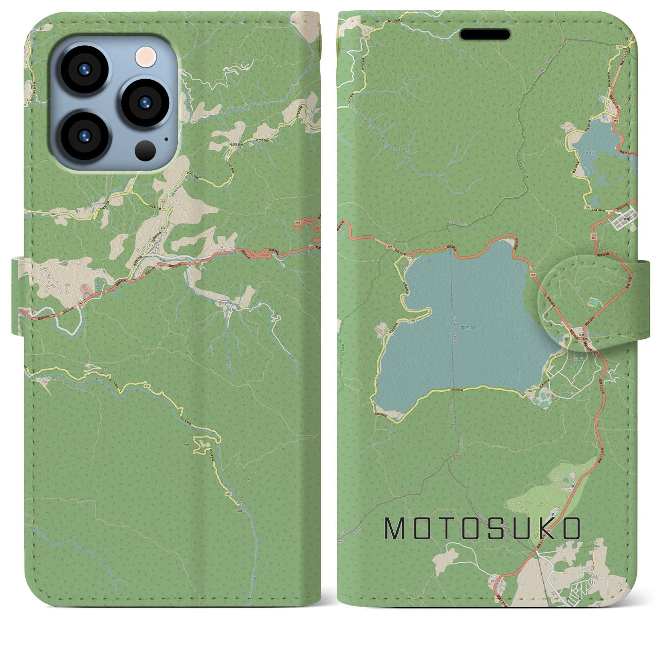 【本栖湖】地図柄iPhoneケース（手帳両面タイプ・ナチュラル）iPhone 13 Pro Max 用