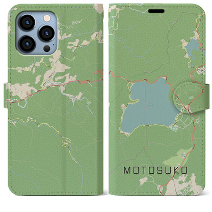 【本栖湖（山梨県）】地図柄iPhoneケース（手帳タイプ）ナチュラル・iPhone 13 Pro Max 用