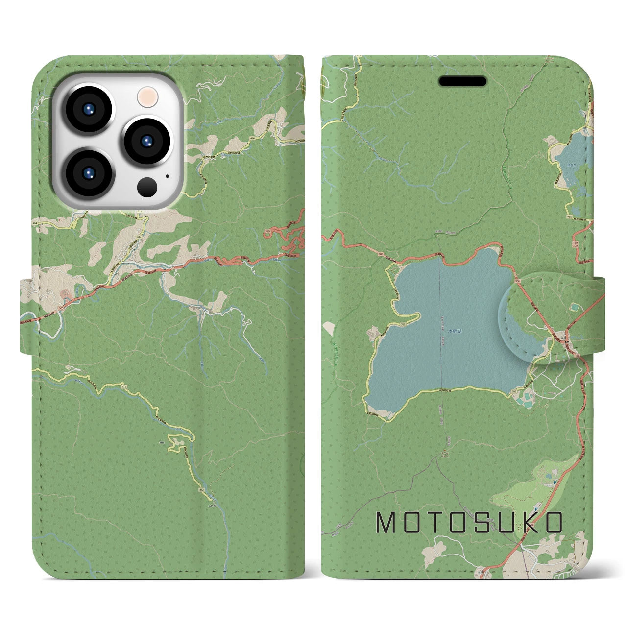 【本栖湖】地図柄iPhoneケース（手帳両面タイプ・ナチュラル）iPhone 13 Pro 用