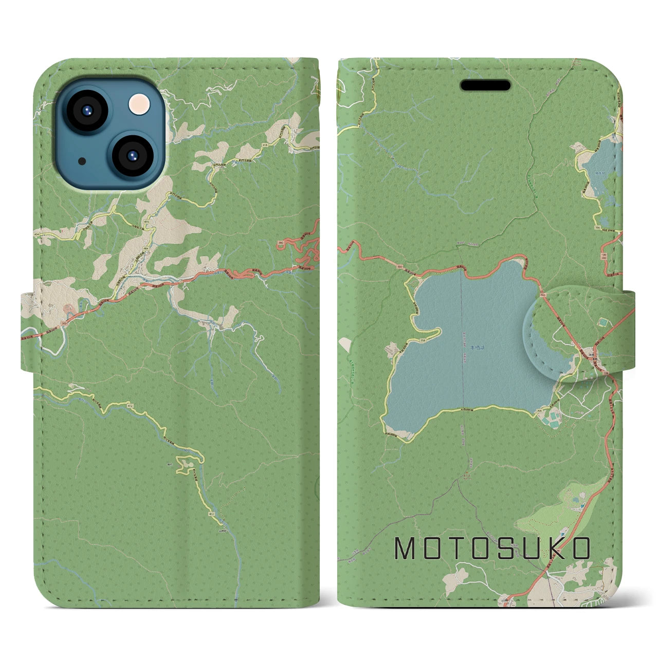 【本栖湖】地図柄iPhoneケース（手帳両面タイプ・ナチュラル）iPhone 13 用