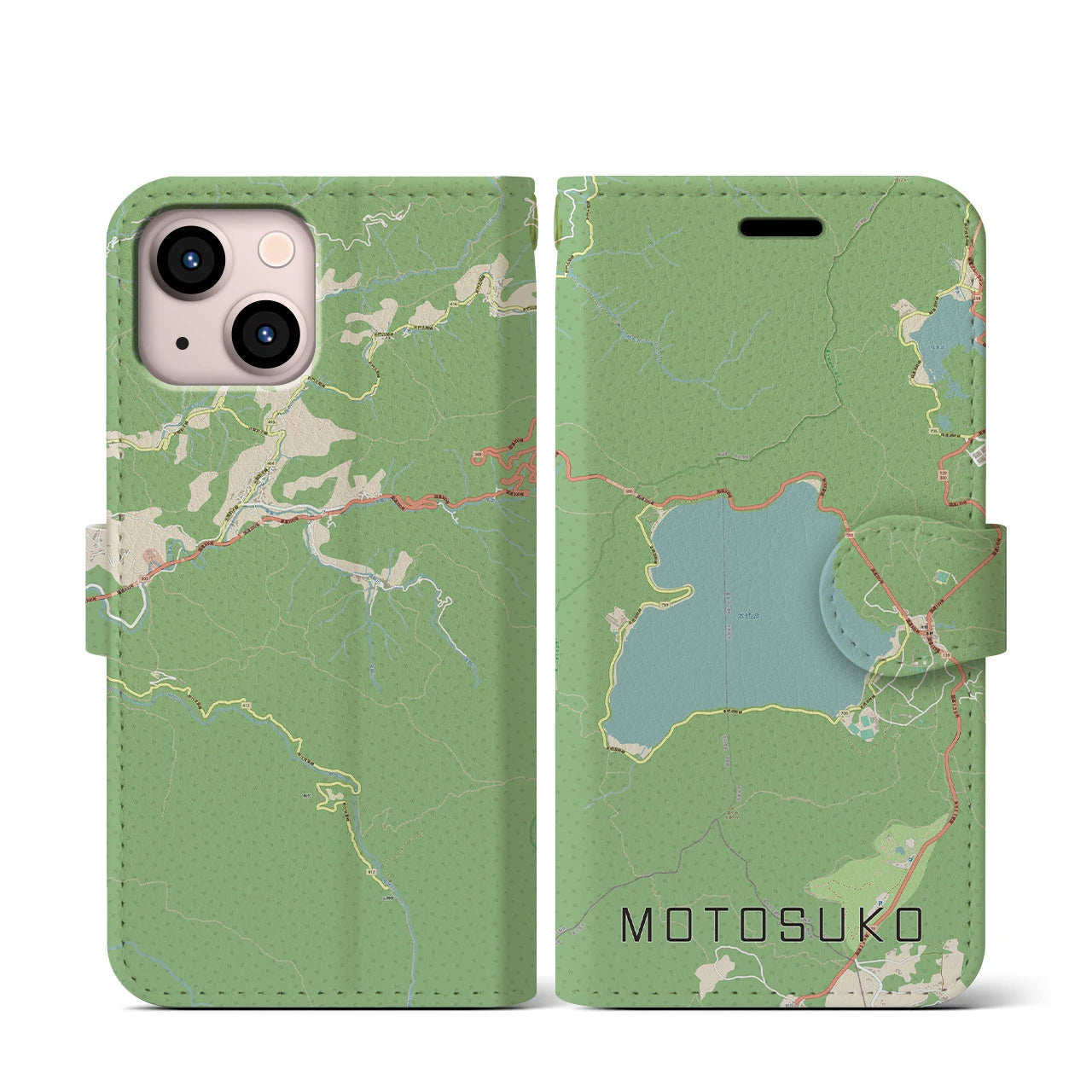 【本栖湖】地図柄iPhoneケース（手帳両面タイプ・ナチュラル）iPhone 13 mini 用
