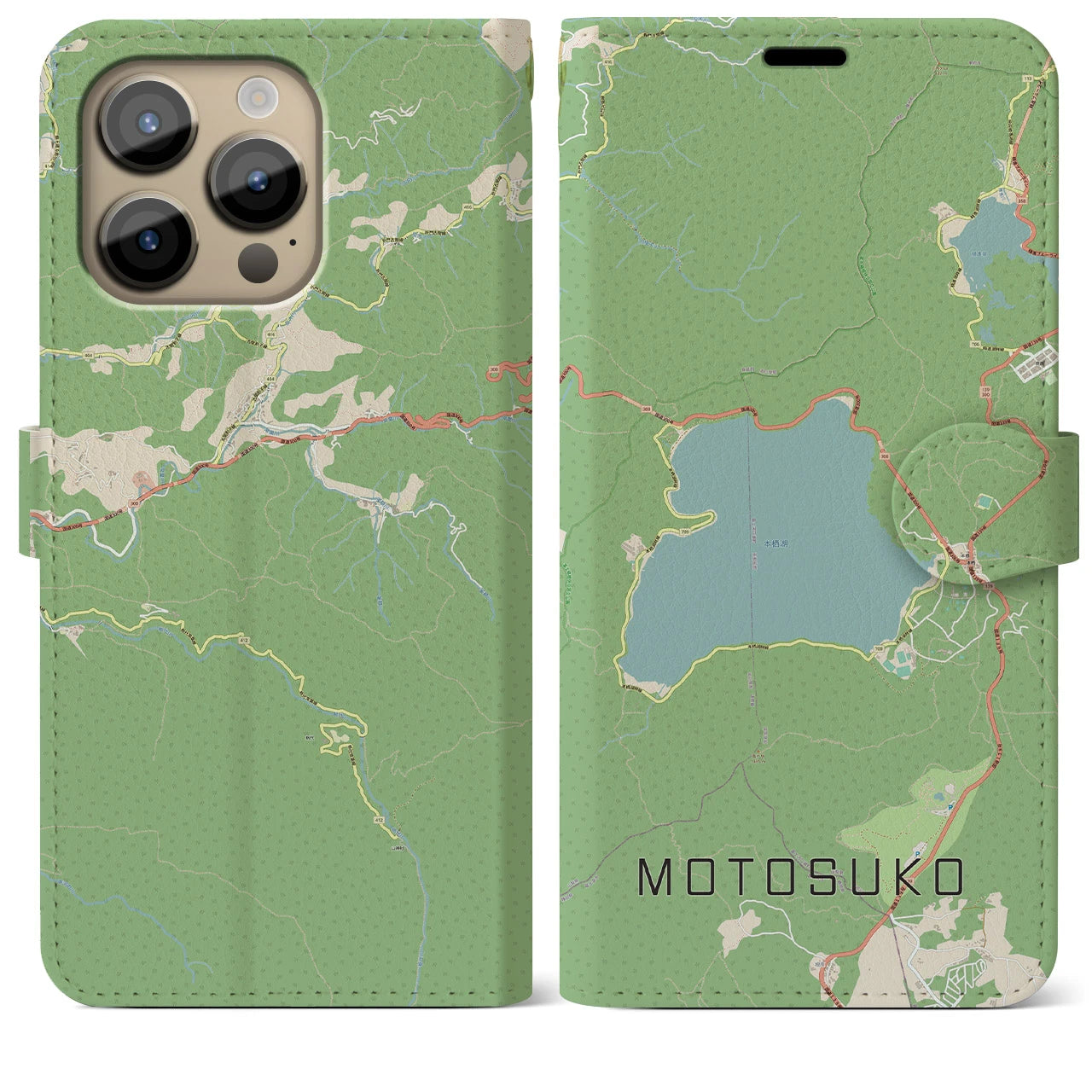 【本栖湖】地図柄iPhoneケース（手帳両面タイプ・ナチュラル）iPhone 14 Pro Max 用