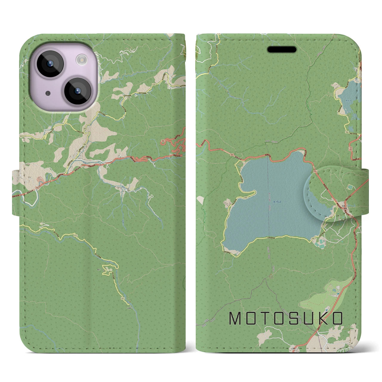 【本栖湖】地図柄iPhoneケース（手帳両面タイプ・ナチュラル）iPhone 14 用