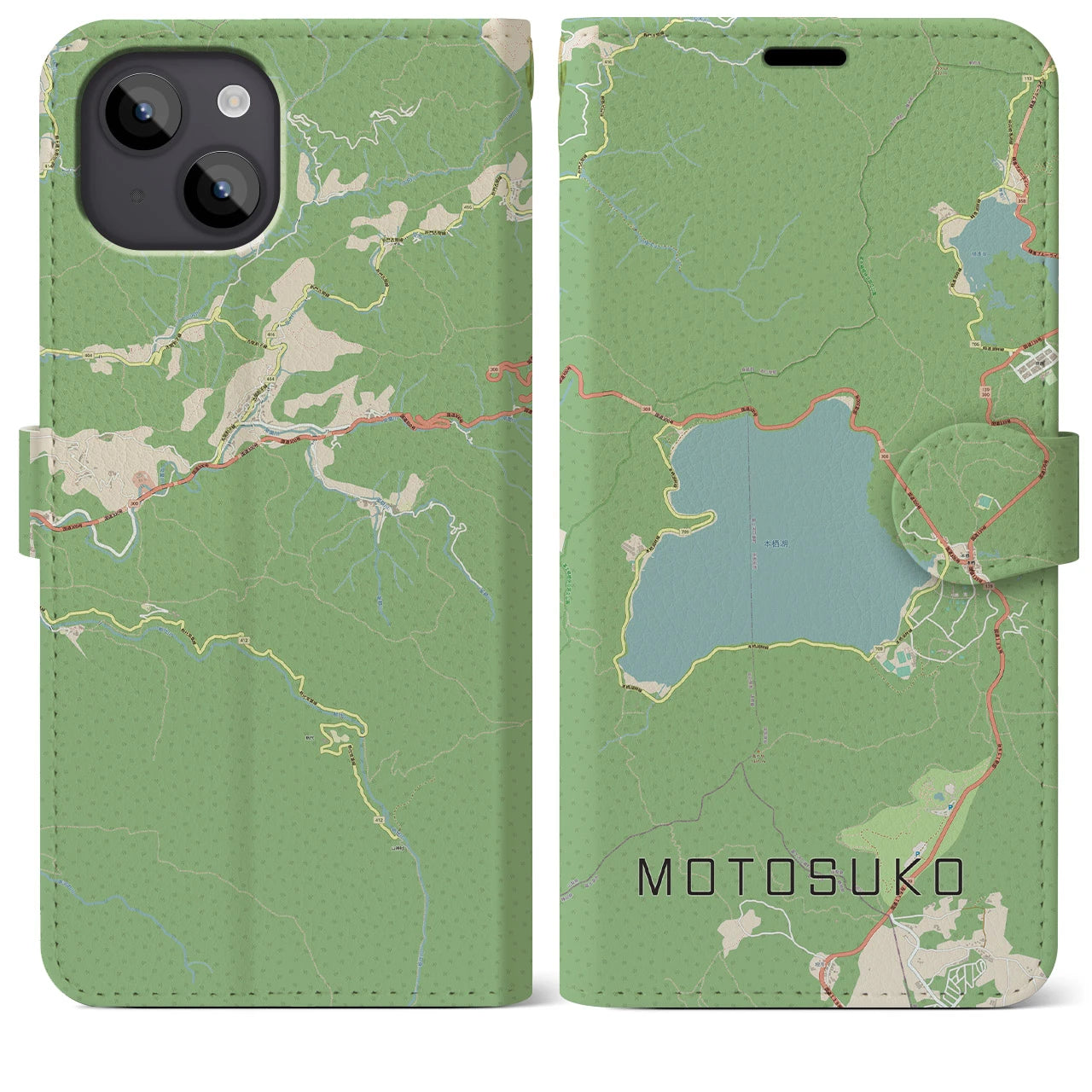 【本栖湖】地図柄iPhoneケース（手帳両面タイプ・ナチュラル）iPhone 14 Plus 用