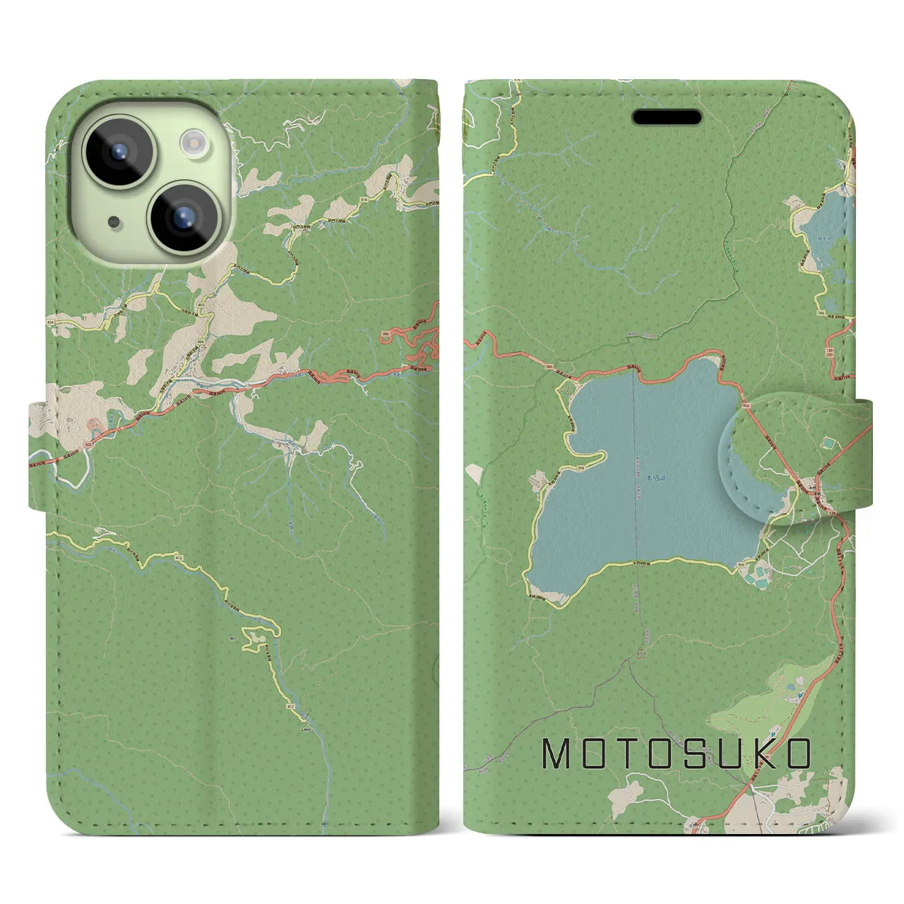 【本栖湖】地図柄iPhoneケース（手帳両面タイプ・ナチュラル）iPhone 15 用