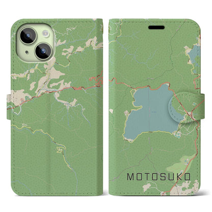 【本栖湖（山梨県）】地図柄iPhoneケース（手帳タイプ）ナチュラル・iPhone 15 用