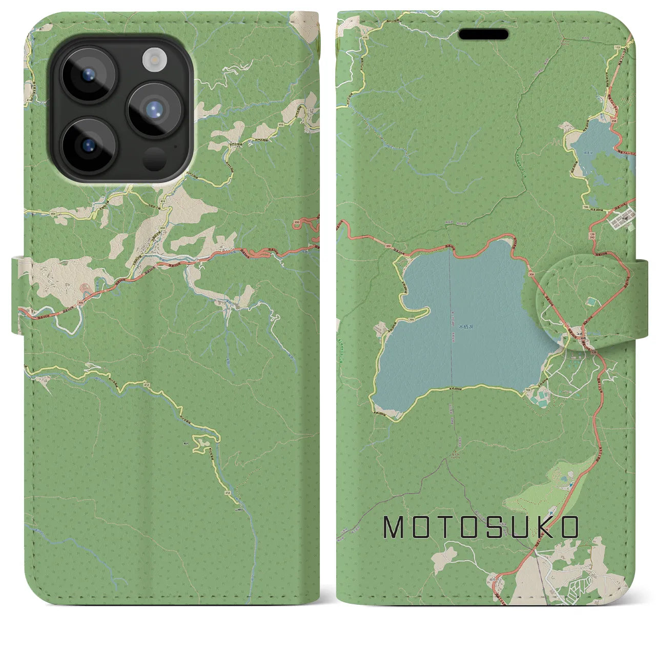 【本栖湖】地図柄iPhoneケース（手帳両面タイプ・ナチュラル）iPhone 15 Pro Max 用
