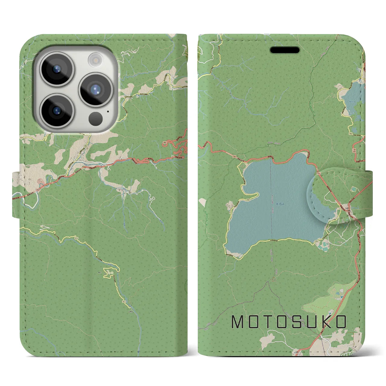 【本栖湖】地図柄iPhoneケース（手帳両面タイプ・ナチュラル）iPhone 15 Pro 用
