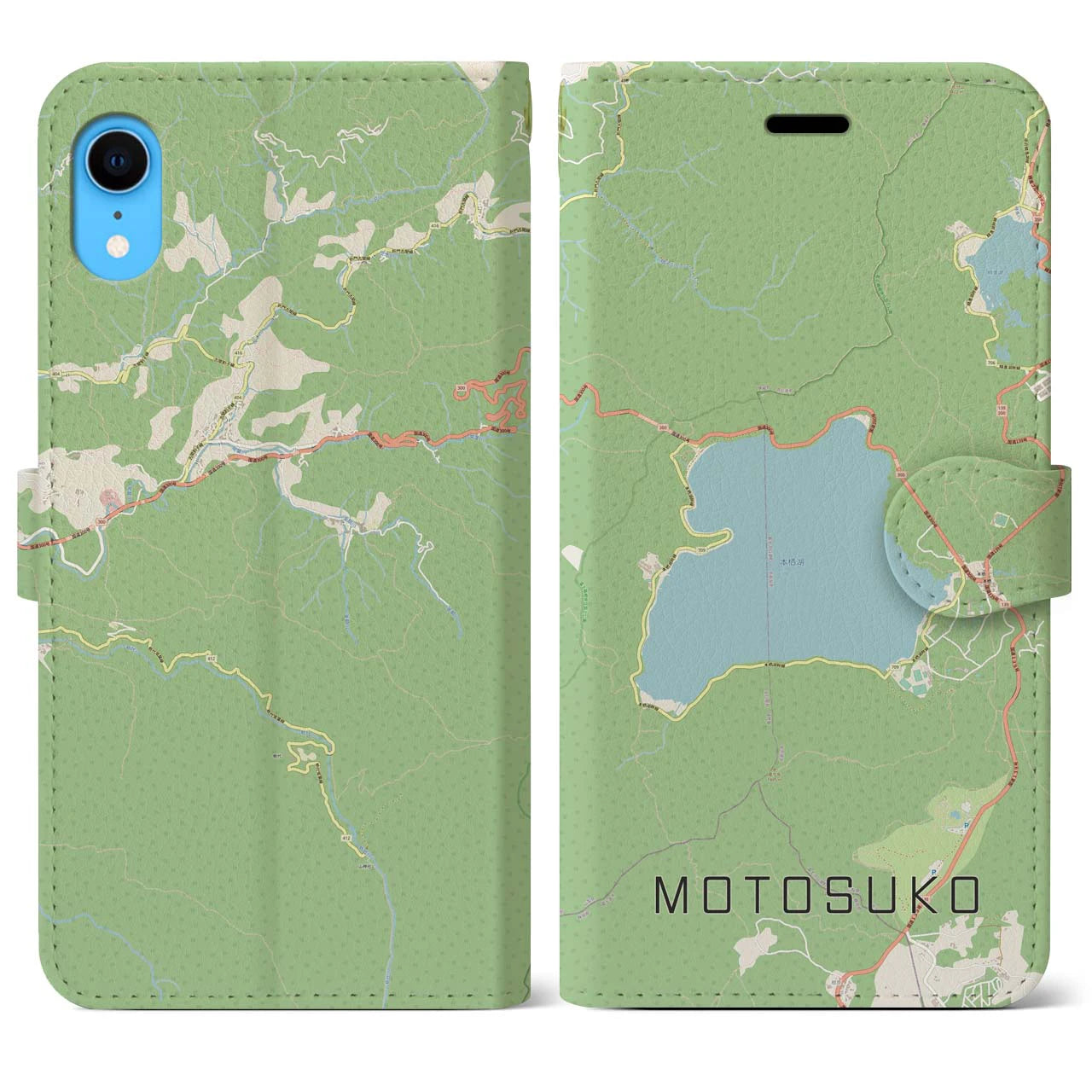 【本栖湖】地図柄iPhoneケース（手帳両面タイプ・ナチュラル）iPhone XR 用