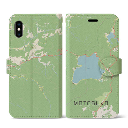 【本栖湖（山梨県）】地図柄iPhoneケース（手帳タイプ）ナチュラル・iPhone XS / X 用