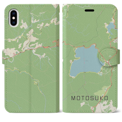 【本栖湖（山梨県）】地図柄iPhoneケース（手帳タイプ）ナチュラル・iPhone XS Max 用