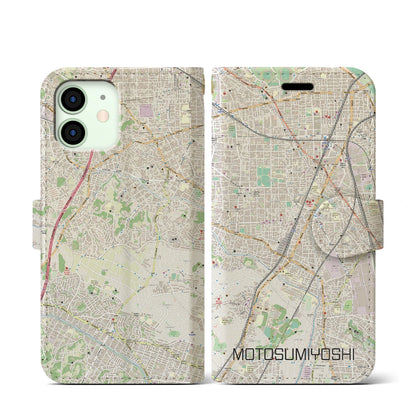 【元住吉（神奈川県）】地図柄iPhoneケース（手帳タイプ）ナチュラル・iPhone 12 mini 用