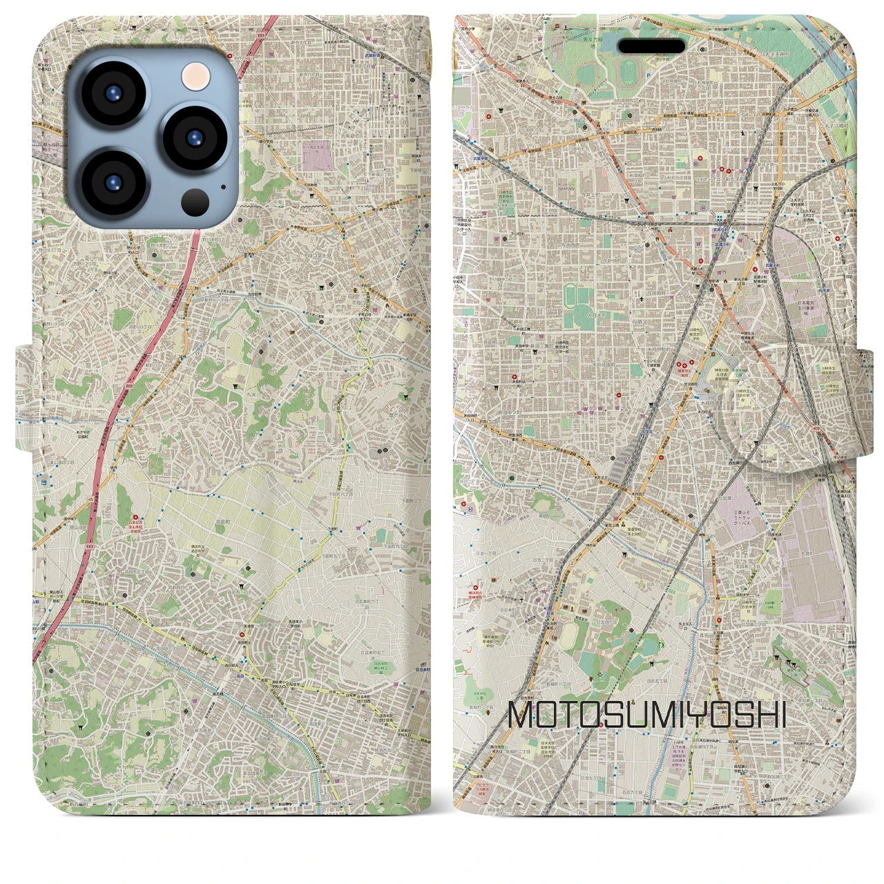 【元住吉】地図柄iPhoneケース（手帳両面タイプ・ナチュラル）iPhone 13 Pro Max 用