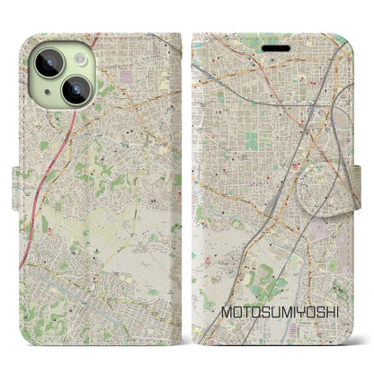 【元住吉（神奈川県）】地図柄iPhoneケース（手帳タイプ）ナチュラル・iPhone 15 用