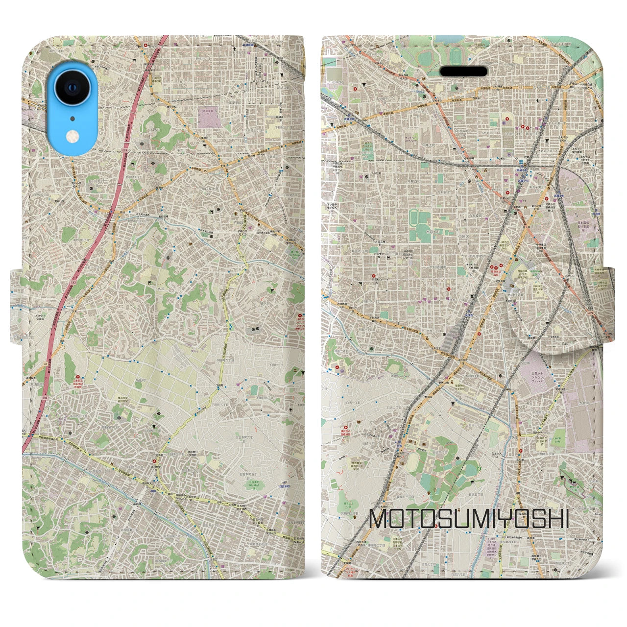 【元住吉】地図柄iPhoneケース（手帳両面タイプ・ナチュラル）iPhone XR 用