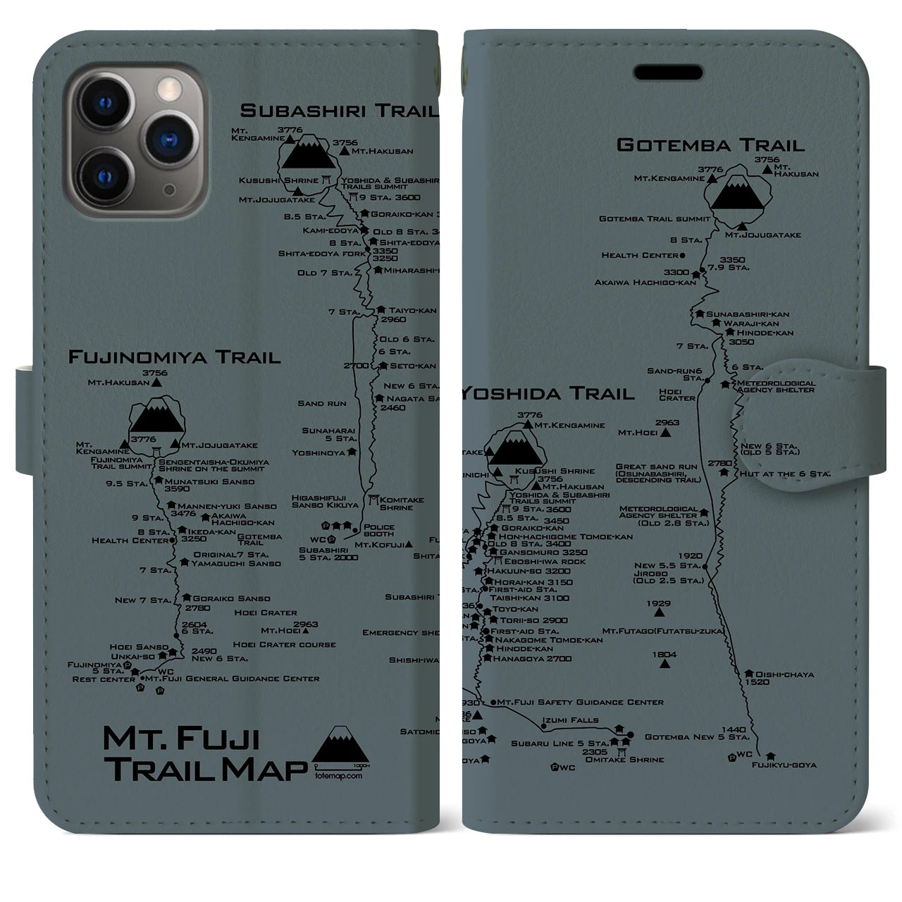 【富士山トレイル】地図柄iPhoneケース（手帳両面タイプ・エアグレー）iPhone 11 Pro Max 用