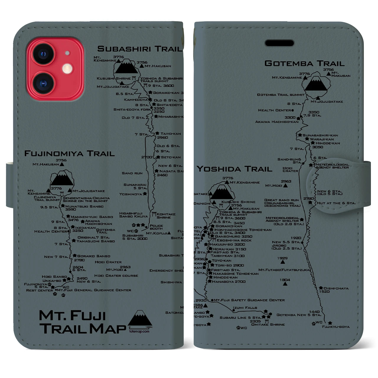 【富士山トレイル】地図柄iPhoneケース（手帳両面タイプ・エアグレー）iPhone 11 用
