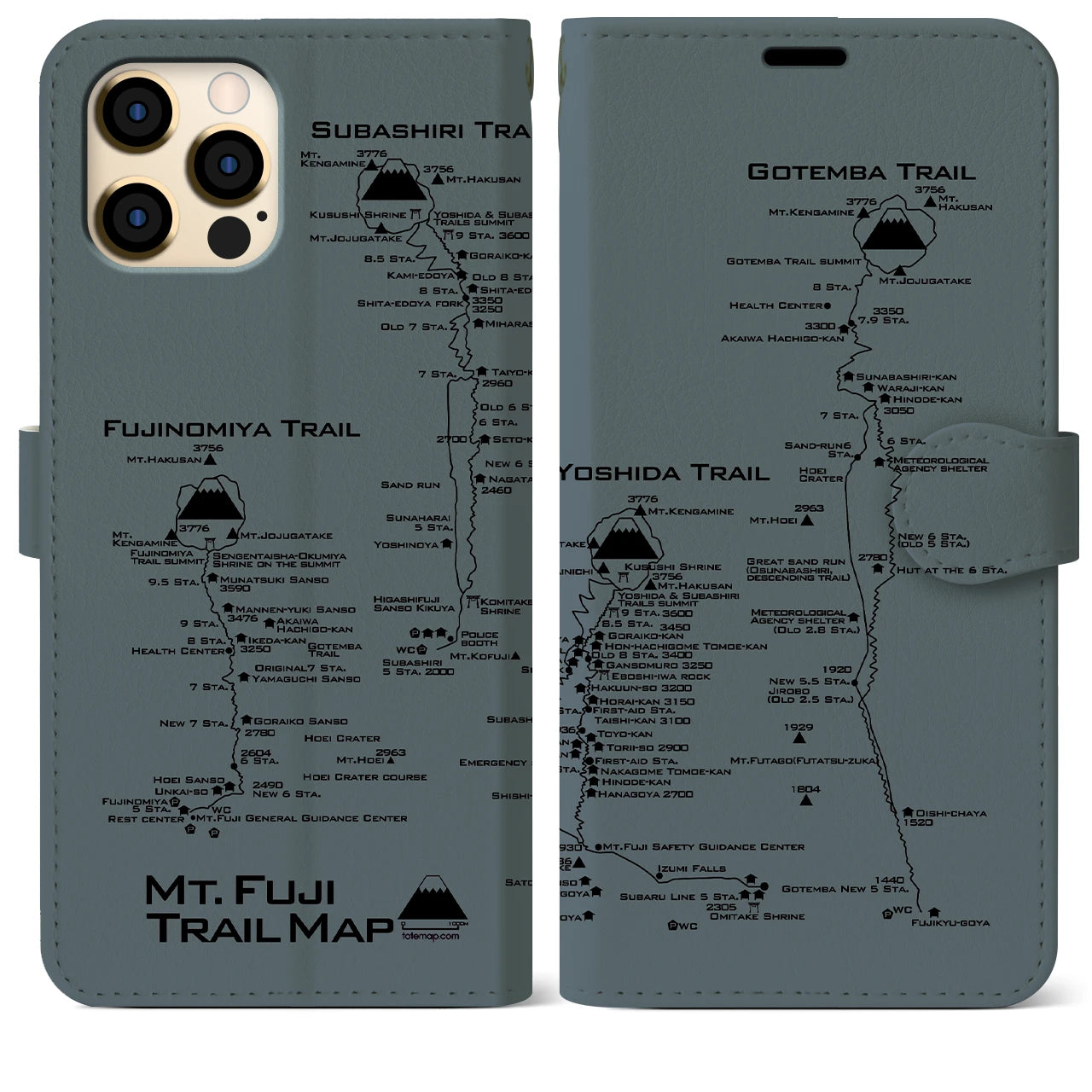 【富士山トレイル】地図柄iPhoneケース（手帳両面タイプ・エアグレー）iPhone 12 Pro Max 用