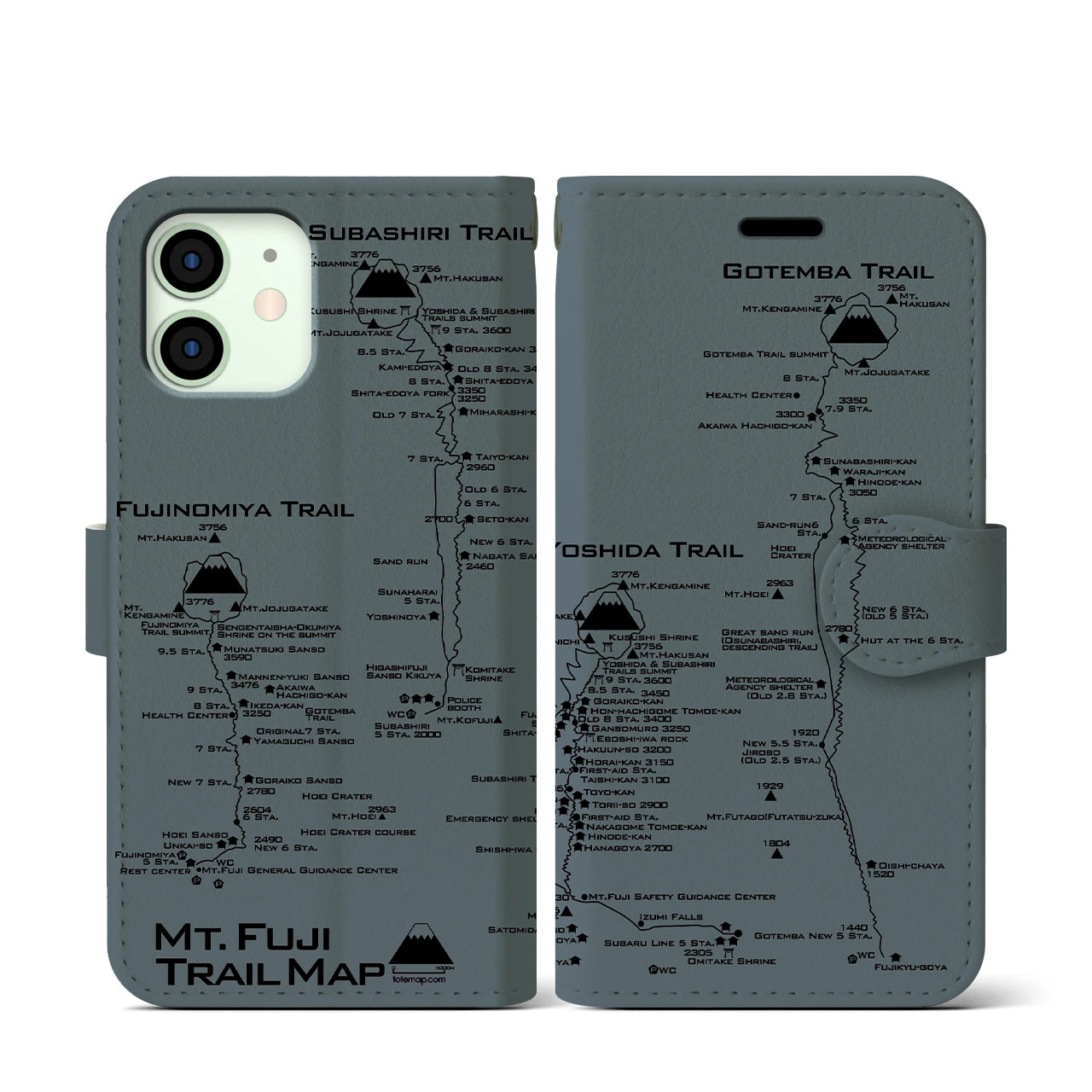 【富士山トレイル】地図柄iPhoneケース（手帳両面タイプ・エアグレー）iPhone 12 mini 用