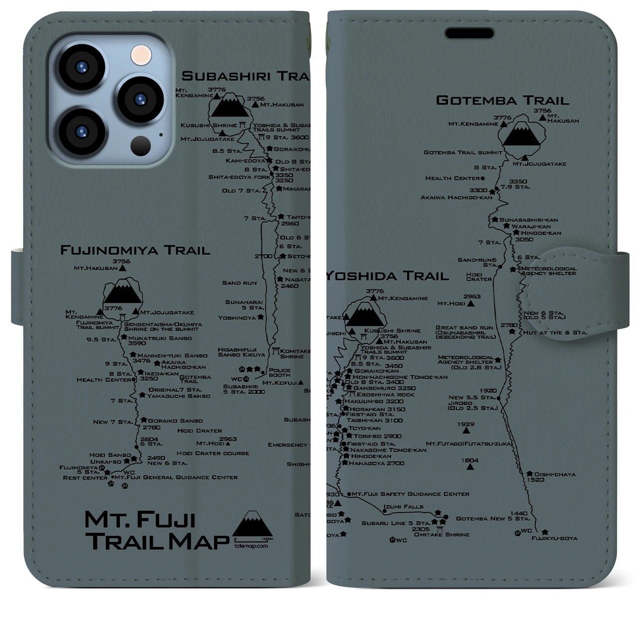 【富士山トレイル】地図柄iPhoneケース（手帳両面タイプ・エアグレー）iPhone 13 Pro Max 用