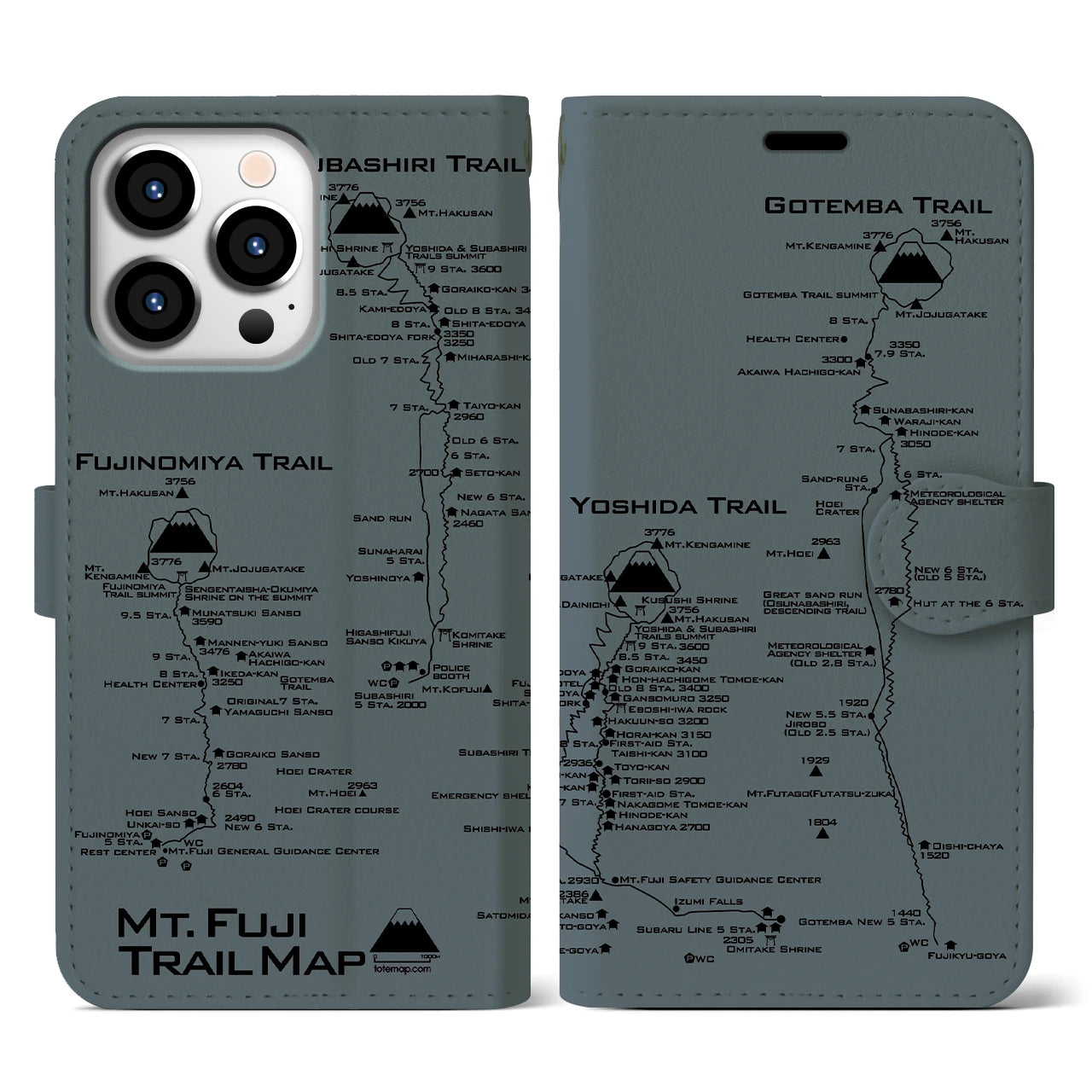 【富士山トレイル】地図柄iPhoneケース（手帳両面タイプ・エアグレー）iPhone 13 Pro 用