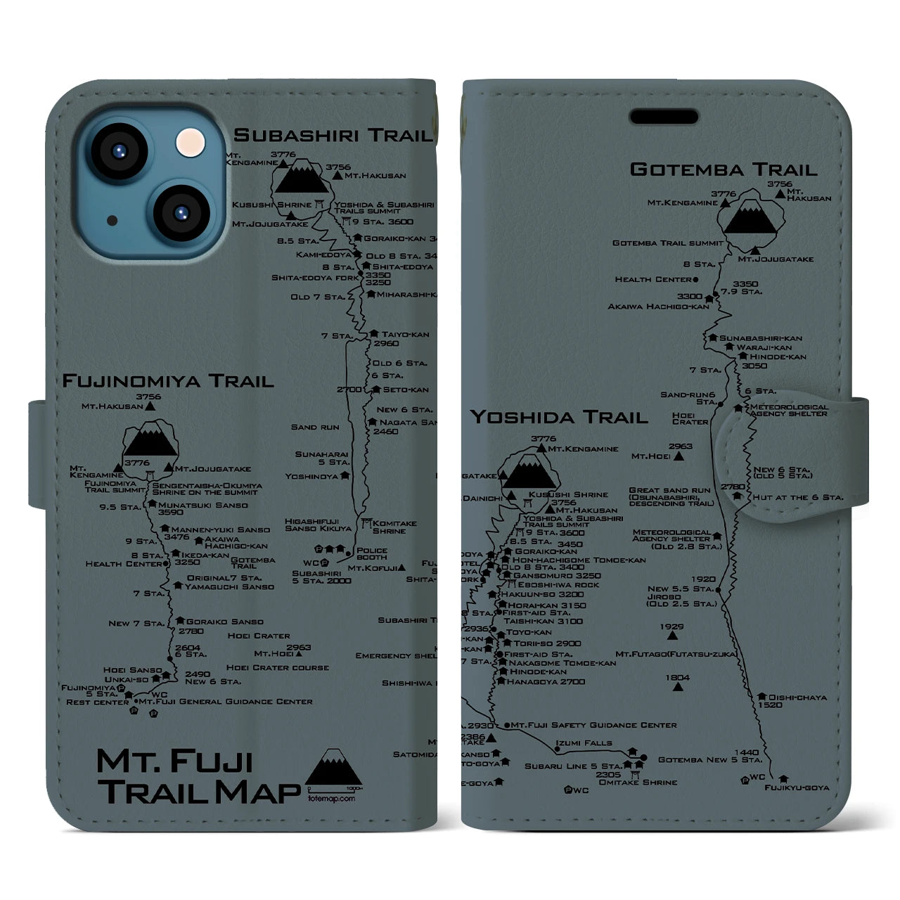 【富士山トレイル】地図柄iPhoneケース（手帳両面タイプ・エアグレー）iPhone 13 用