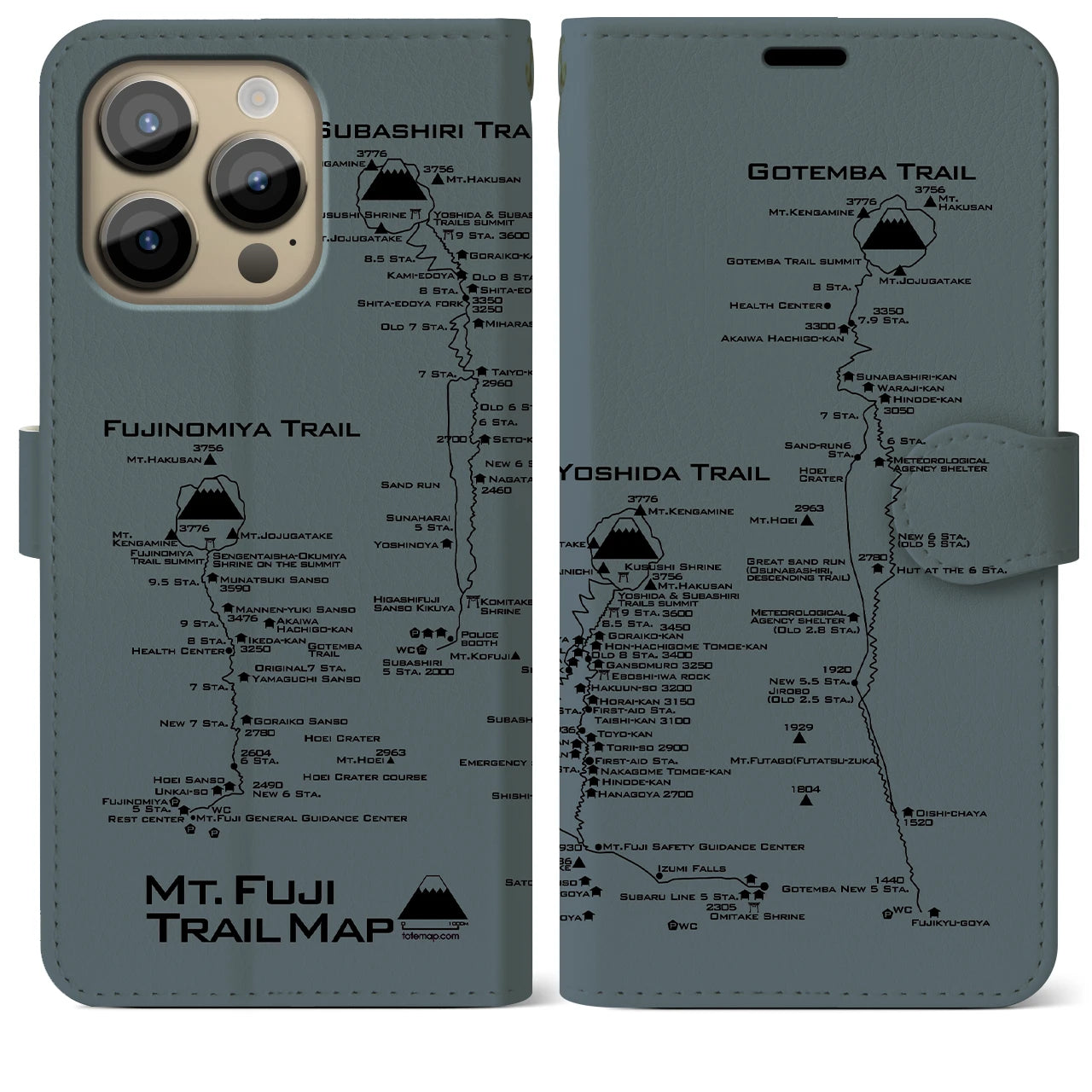 【富士山トレイル】地図柄iPhoneケース（手帳両面タイプ・エアグレー）iPhone 14 Pro Max 用