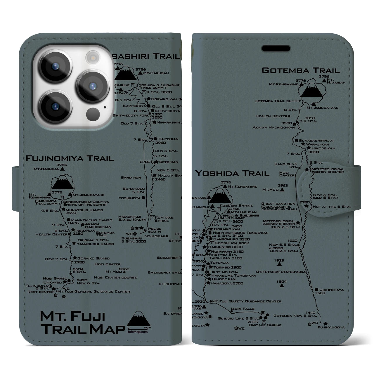 【富士山トレイル】地図柄iPhoneケース（手帳両面タイプ・エアグレー）iPhone 14 Pro 用