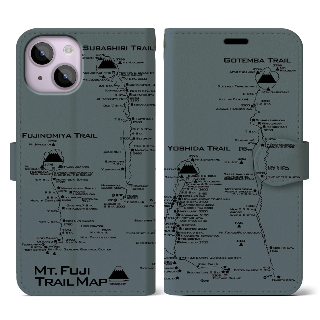 【富士山トレイル】地図柄iPhoneケース（手帳両面タイプ・エアグレー）iPhone 14 用