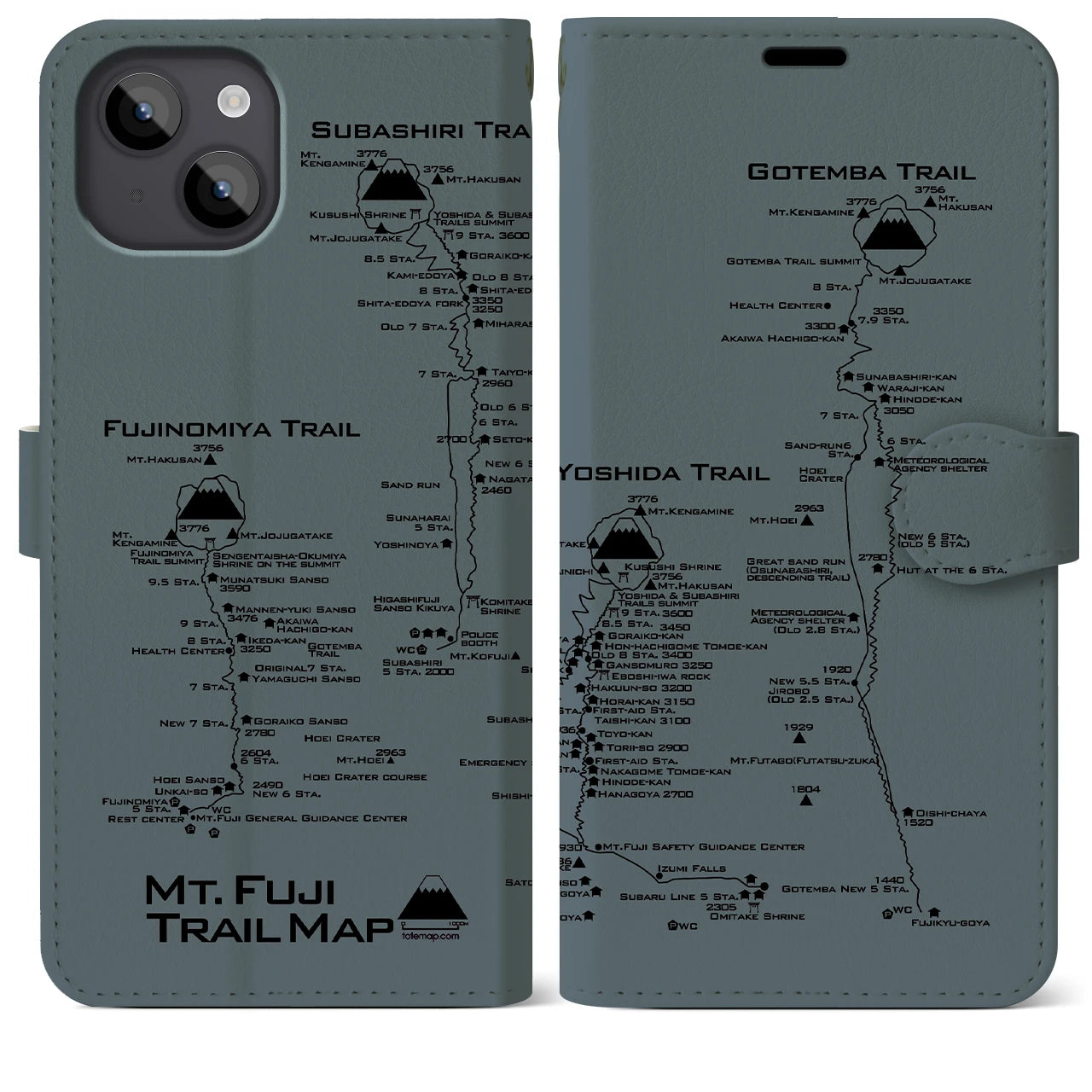 【富士山トレイル】地図柄iPhoneケース（手帳両面タイプ・エアグレー）iPhone 14 Plus 用