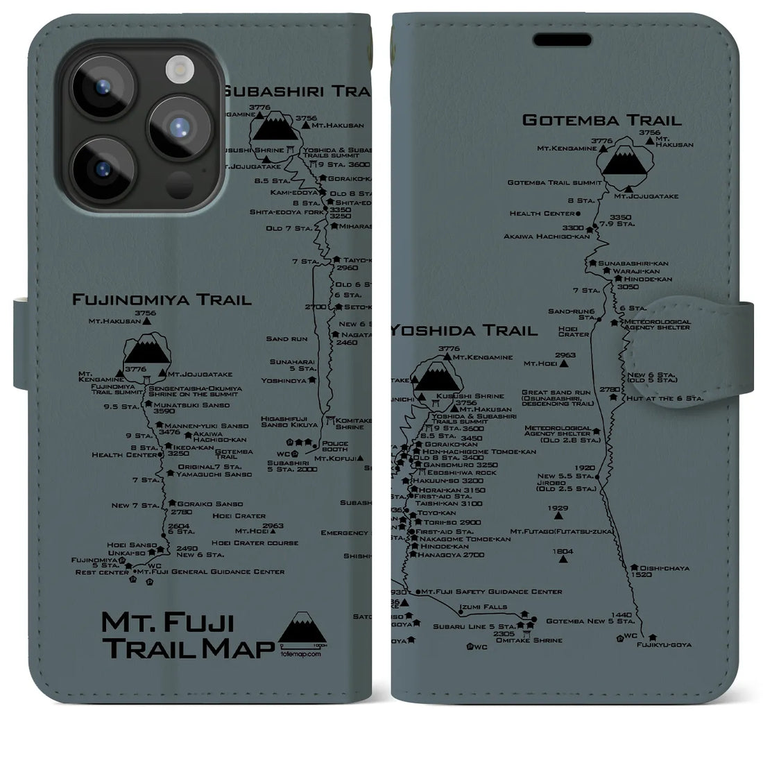 【富士山トレイル】地図柄iPhoneケース（手帳両面タイプ・エアグレー）iPhone 15 Pro Max 用