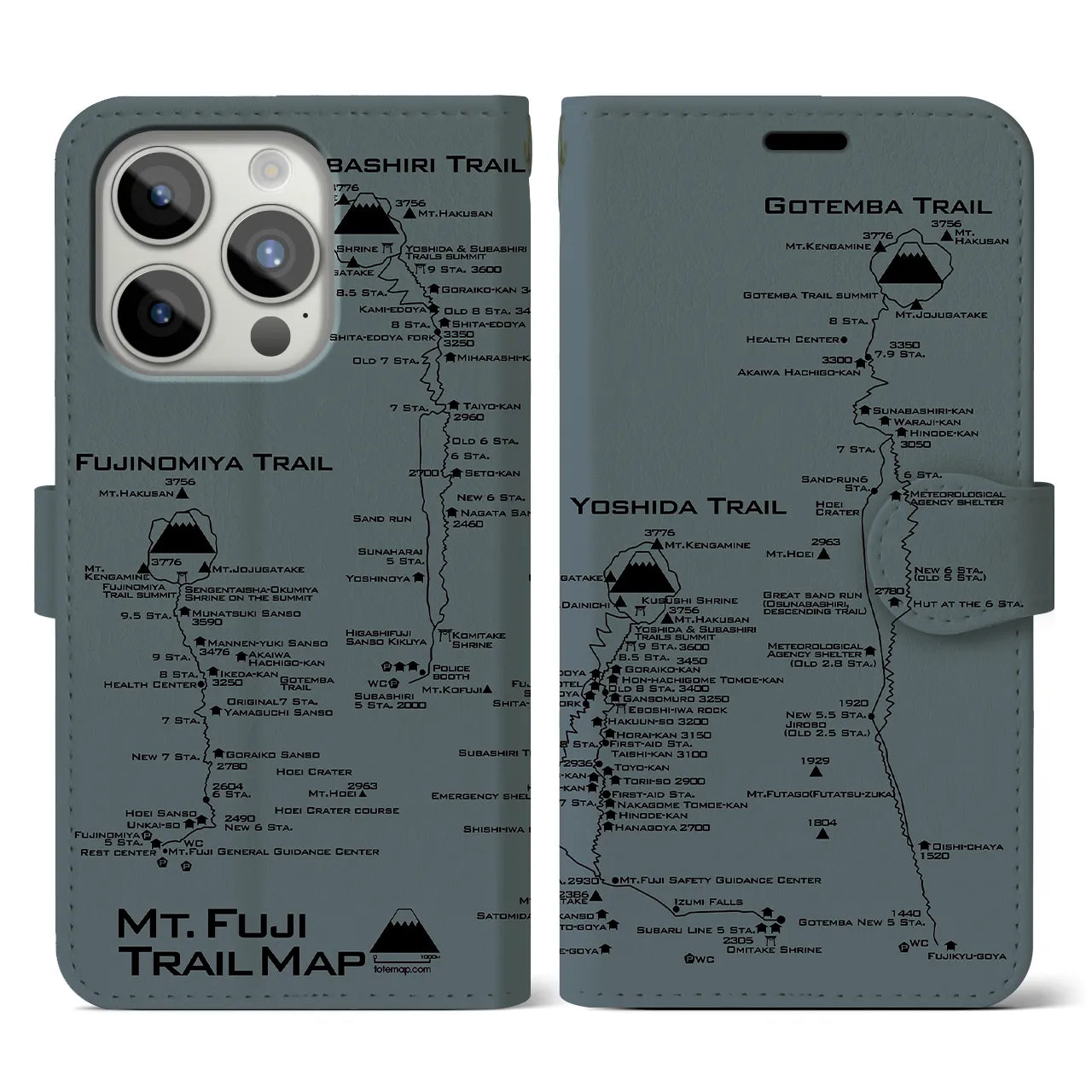 【富士山トレイル】地図柄iPhoneケース（手帳両面タイプ・エアグレー）iPhone 15 Pro 用