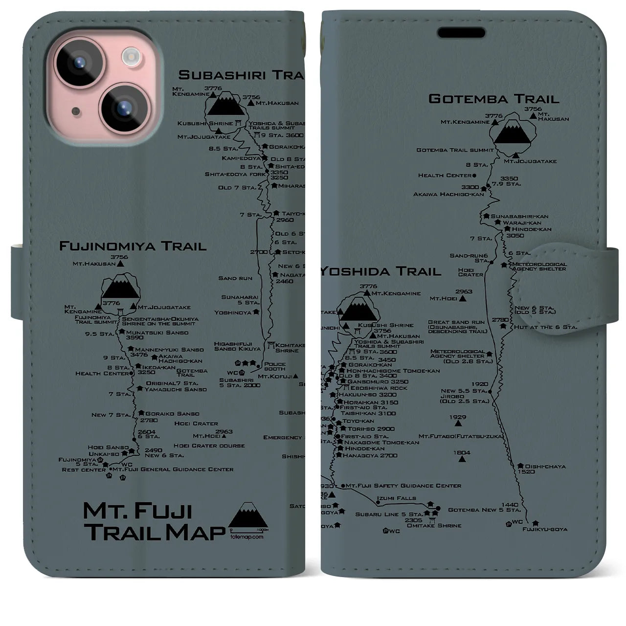 【富士山トレイル】地図柄iPhoneケース（手帳両面タイプ・エアグレー）iPhone 15 Plus 用
