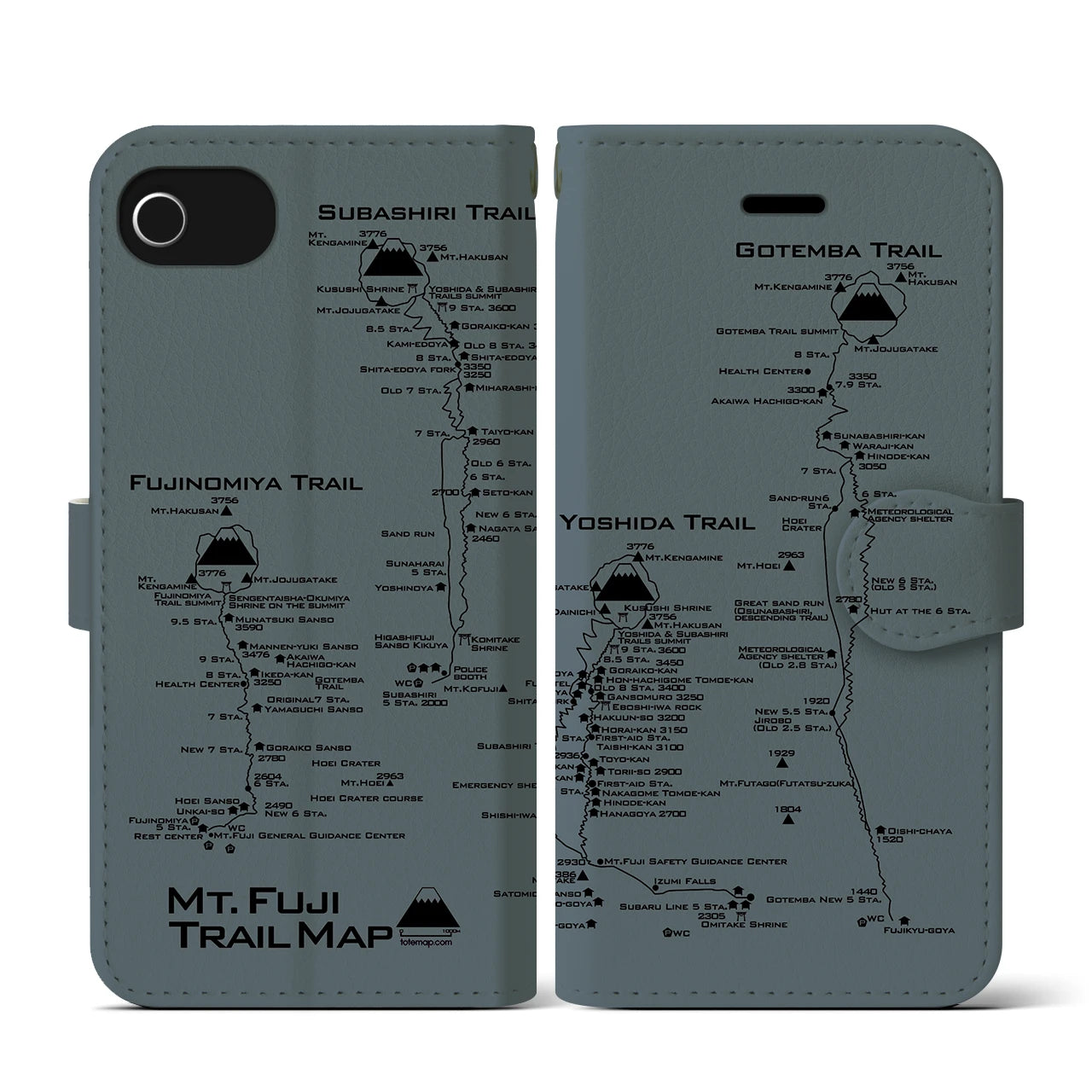 【富士山トレイル】地図柄iPhoneケース（手帳両面タイプ・エアグレー）iPhone SE（第3 / 第2世代） / 8 / 7 / 6s / 6 用