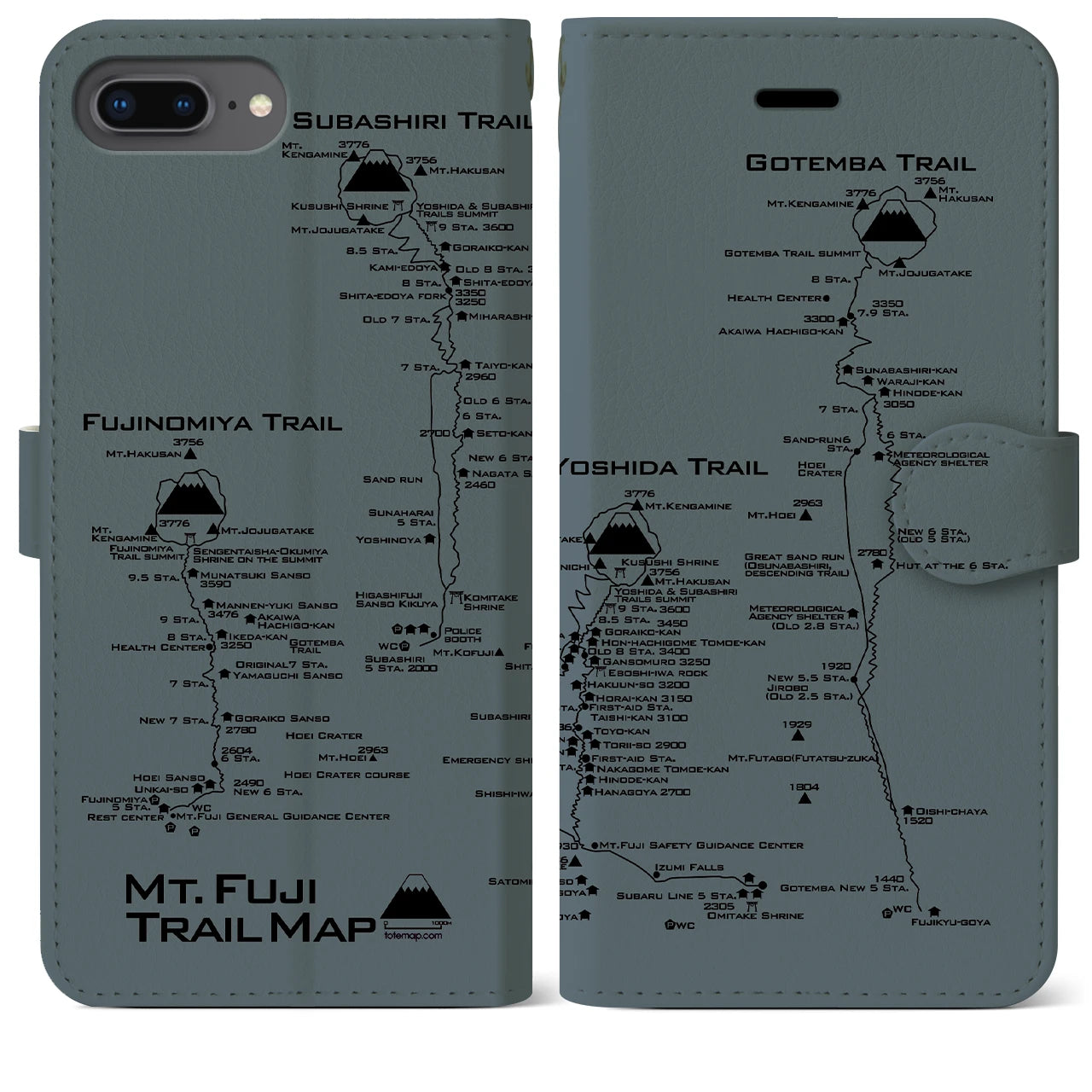 【富士山トレイル】地図柄iPhoneケース（手帳両面タイプ・エアグレー）iPhone 8Plus /7Plus / 6sPlus / 6Plus 用