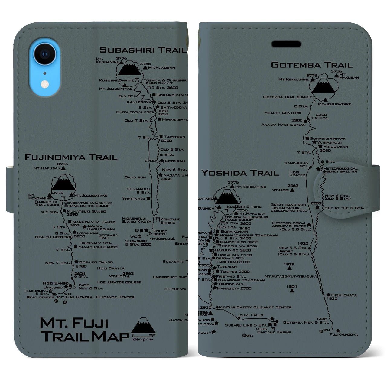 【富士山トレイル】地図柄iPhoneケース（手帳両面タイプ・エアグレー）iPhone XR 用