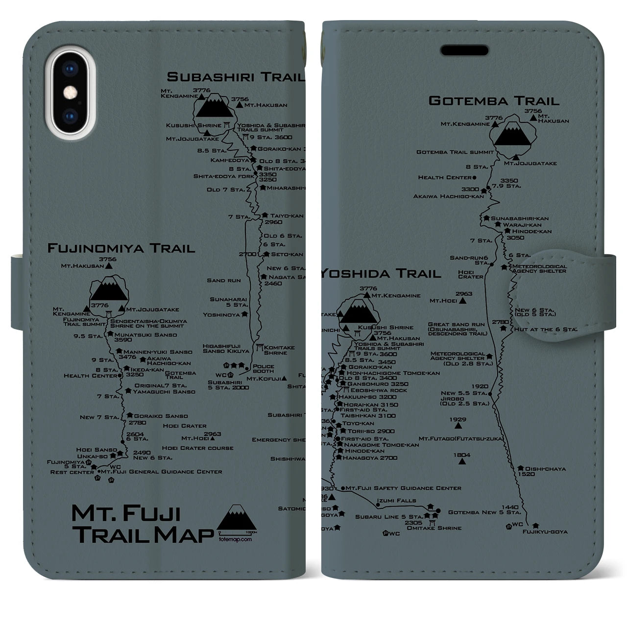【富士山トレイル】地図柄iPhoneケース（手帳両面タイプ・エアグレー）iPhone XS Max 用