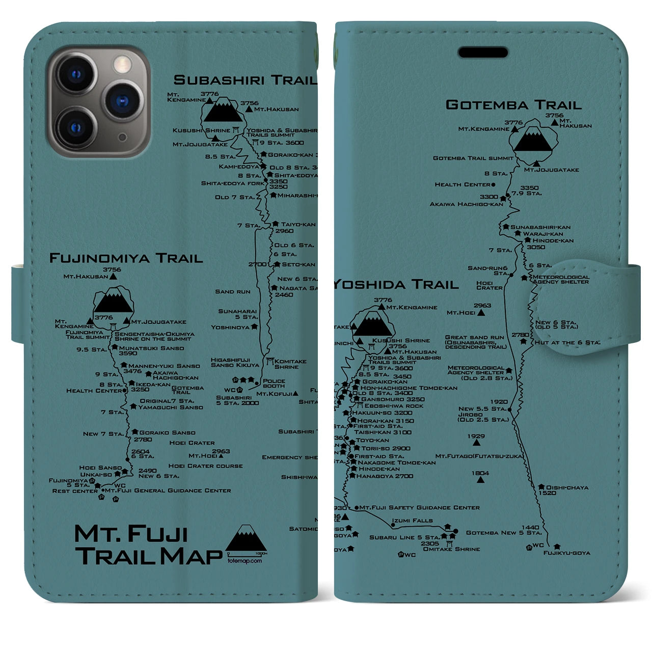 【富士山トレイル】地図柄iPhoneケース（手帳両面タイプ・アイスブルー）iPhone 11 Pro Max 用